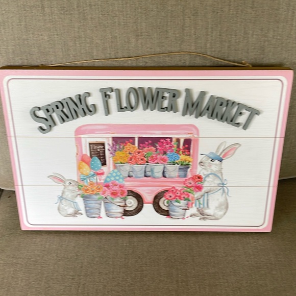 Wooden accent plaque Spring Flower Market with bunnies/rabbits new - Picture 1 of 4